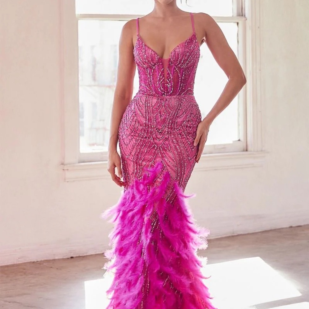 Elegant Pink Feathered Evening Gown